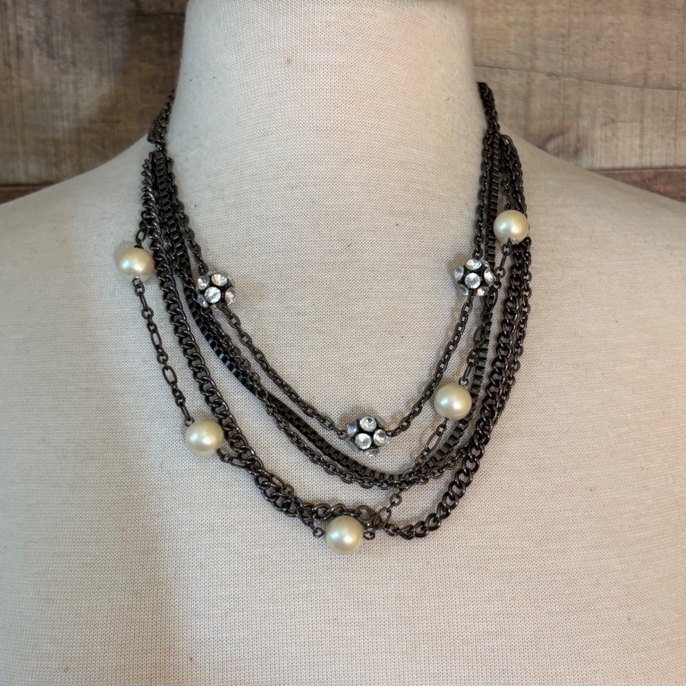 Gunmetal Multi Strand Layered Necklace Faux Pearl Rhinestone Flower
